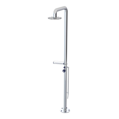 Rubinet Pressure Balance Outdoor Shower with Foot Rinse & 10" Shower Head (with shelf) - 304 Stainless Steel Chrome