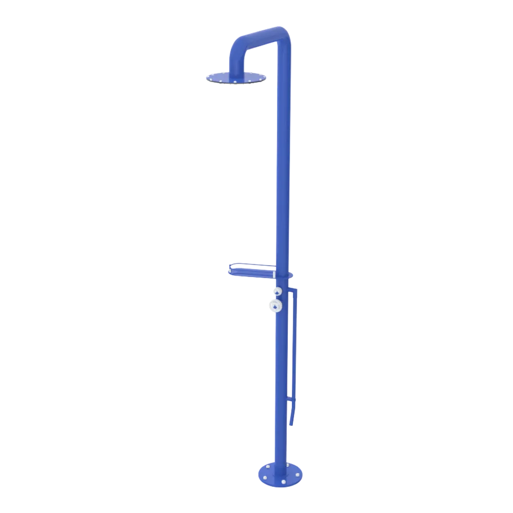 Rubinet Pressure Balance Outdoor Shower with Foot Rinse & 10" Shower Head (with shelf) - 304 Stainless Steel Blu Jean