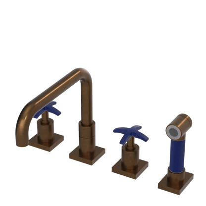 Rubinet Widespread Kitchen Set with Genesis Spout with Hand Spray Tuscan Brass