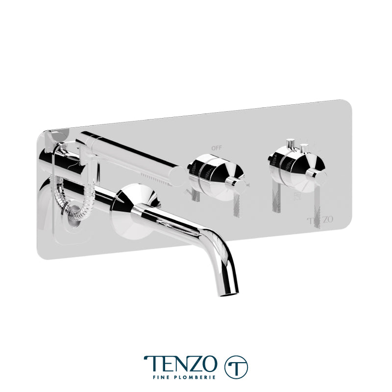 Wall mount tub filler with retractable hose, Paloma