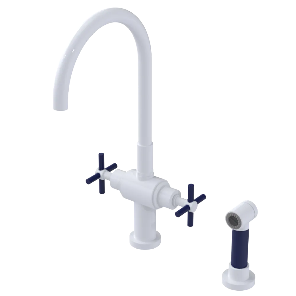 Rubinet Two Handle Single Hole Kitchen Set with LaSalle Spout with Hand Spray White