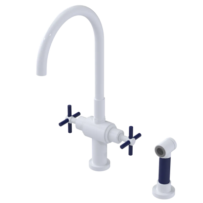 Rubinet Two Handle Single Hole Kitchen Set with LaSalle Spout with Hand Spray White