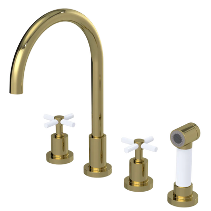 Rubinet Widespread Kitchen Set with LaSalle Spout with Hand Spray Natural Brass