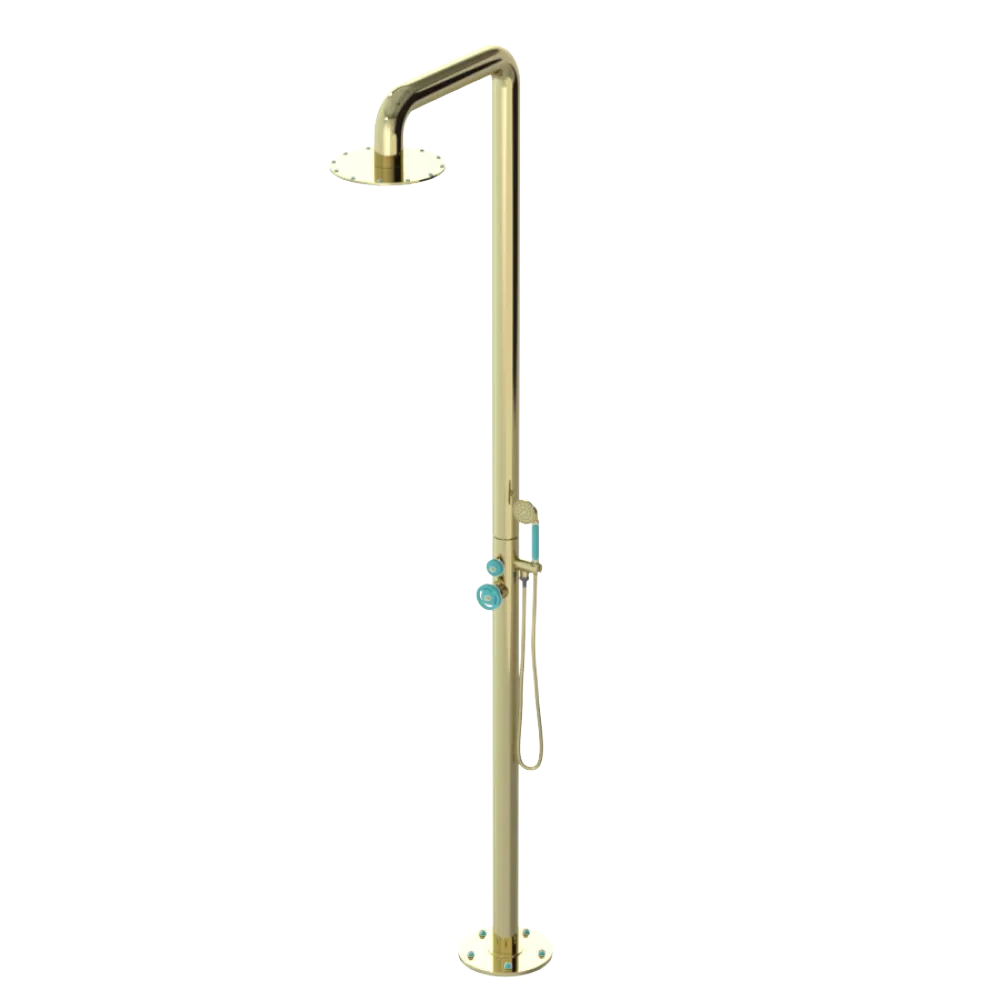 Rubinet Pressure Balance Outdoor Shower with Hand Held Shower & 10" Shower Head - 304 Stainless Steel Gold