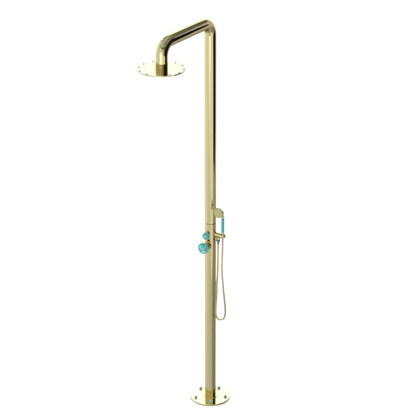 Rubinet Pressure Balance Outdoor Shower with Hand Held Shower & 10" Shower Head - 304 Stainless Steel Gold