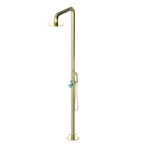 Rubinet Pressure Balance Outdoor Shower with Hand Held Shower & 10" Shower Head - 304 Stainless Steel Gold