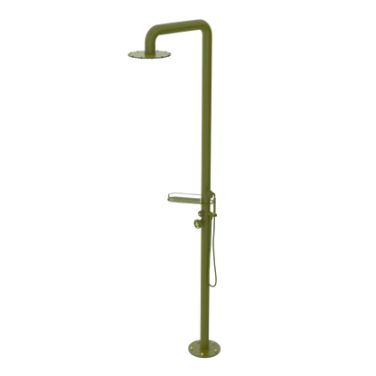 Rubinet Pressure Balance Outdoor Shower with Hand Held Shower & 10" Shower Head (with shelf) - 304 Stainless Steel Green Envy