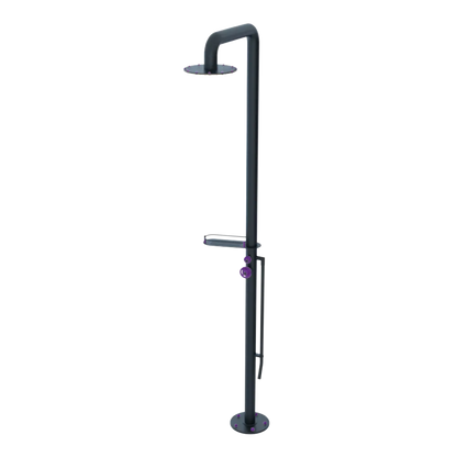 Rubinet Pressure Balance Outdoor Shower with Foot Rinse & 10" Shower Head (with shelf) - 304 Stainless Steel Matt Black