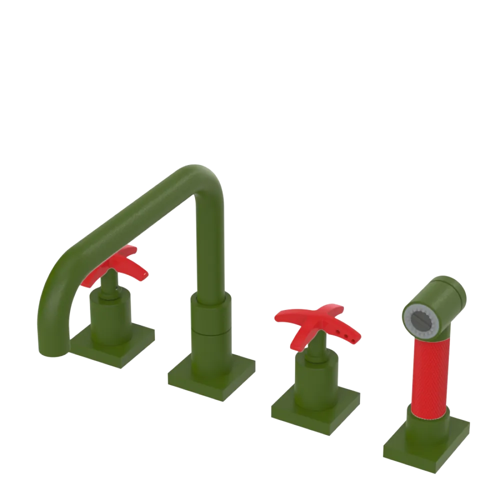 Rubinet Widespread Kitchen Set with Genesis Spout with Hand Spray Green Envy