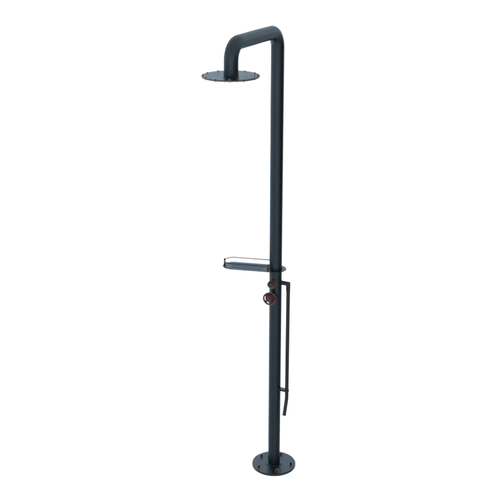 Rubinet Pressure Balance Outdoor Shower with Foot Rinse & 10" Shower Head (with shelf) - 304 Stainless Steel Matt Black