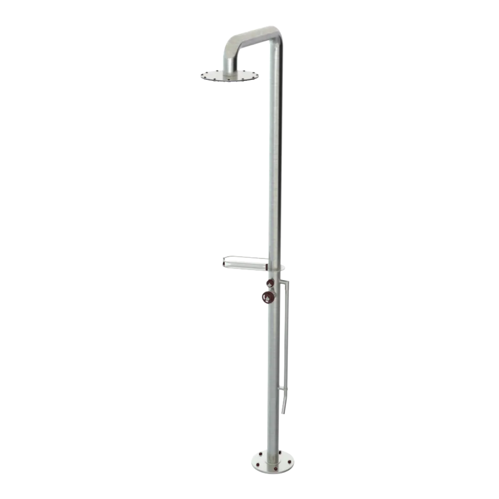 Rubinet Pressure Balance Outdoor Shower with Foot Rinse & 10" Shower Head (with shelf) - 304 Stainless Steel Satin Nickel