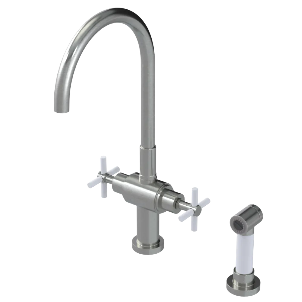 Rubinet Two Handle Single Hole Kitchen Set with LaSalle Spout with Hand Spray Satin Nickel