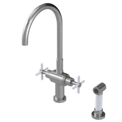 Rubinet Two Handle Single Hole Kitchen Set with LaSalle Spout with Hand Spray Satin Nickel