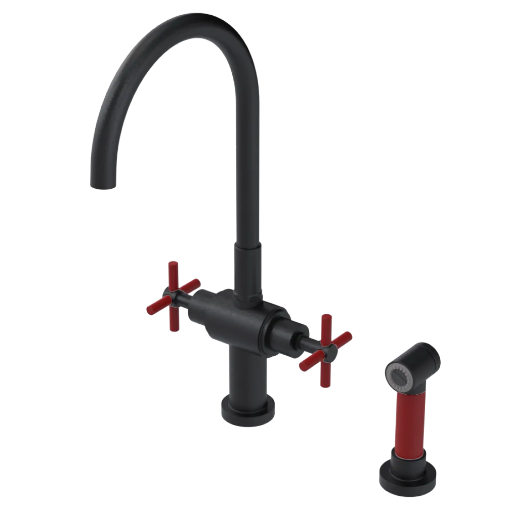 Rubinet Two Handle Single Hole Kitchen Set with LaSalle Spout with Hand Spray Matt Black
