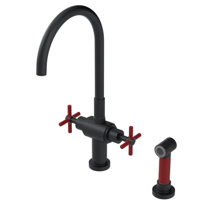 Rubinet Two Handle Single Hole Kitchen Set with LaSalle Spout with Hand Spray Matt Black