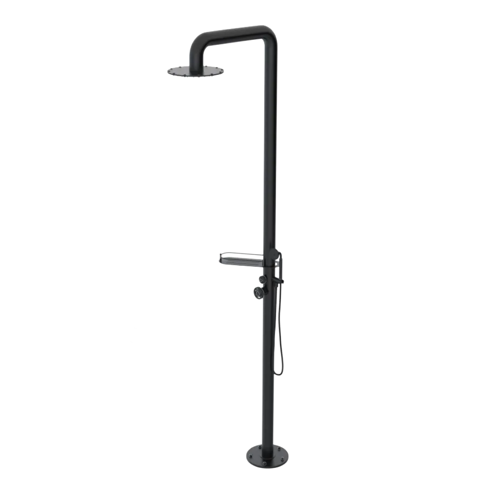 Rubinet Pressure Balance Outdoor Shower with Hand Held Shower & 10" Shower Head (with shelf) - 304 Stainless Steel Matt Black
