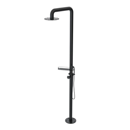 Rubinet Pressure Balance Outdoor Shower with Hand Held Shower & 10" Shower Head (with shelf) - 304 Stainless Steel Matt Black