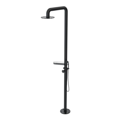 Rubinet Pressure Balance Outdoor Shower with Hand Held Shower & 10" Shower Head (with shelf) - 304 Stainless Steel Matt Black
