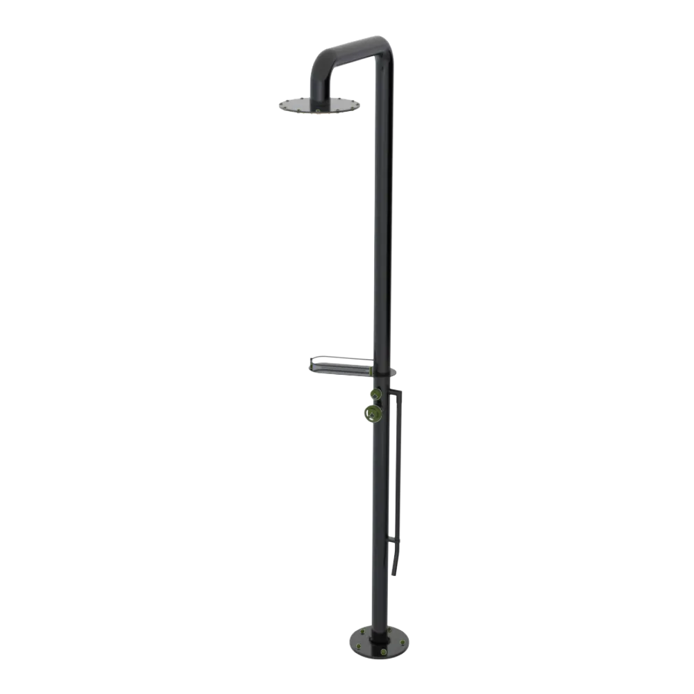 Rubinet Pressure Balance Outdoor Shower with Foot Rinse & 10" Shower Head (with shelf) - 304 Stainless Steel Black