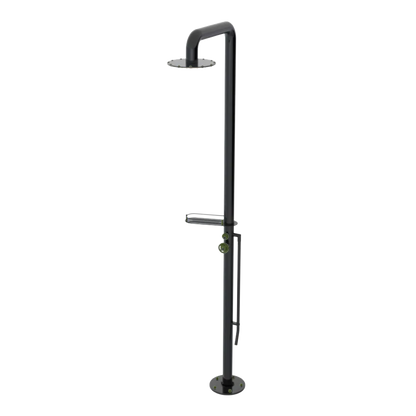 Rubinet Pressure Balance Outdoor Shower with Foot Rinse & 10" Shower Head (with shelf) - 304 Stainless Steel Black