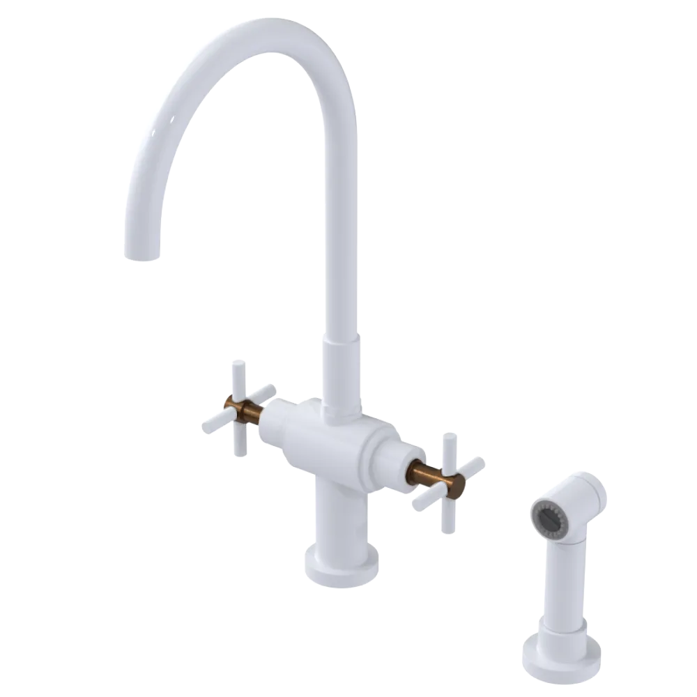 Rubinet Two Handle Single Hole Kitchen Set with LaSalle Spout with Hand Spray White