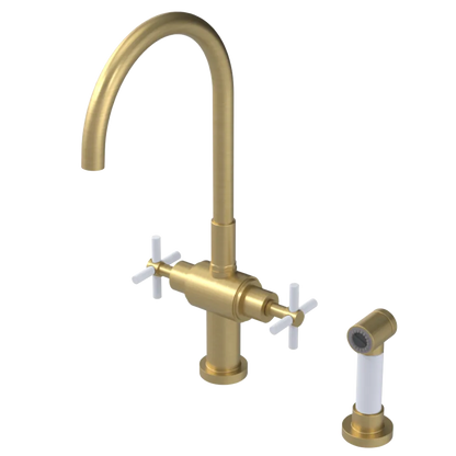 Rubinet Two Handle Single Hole Kitchen Set with LaSalle Spout with Hand Spray Satin Brass
