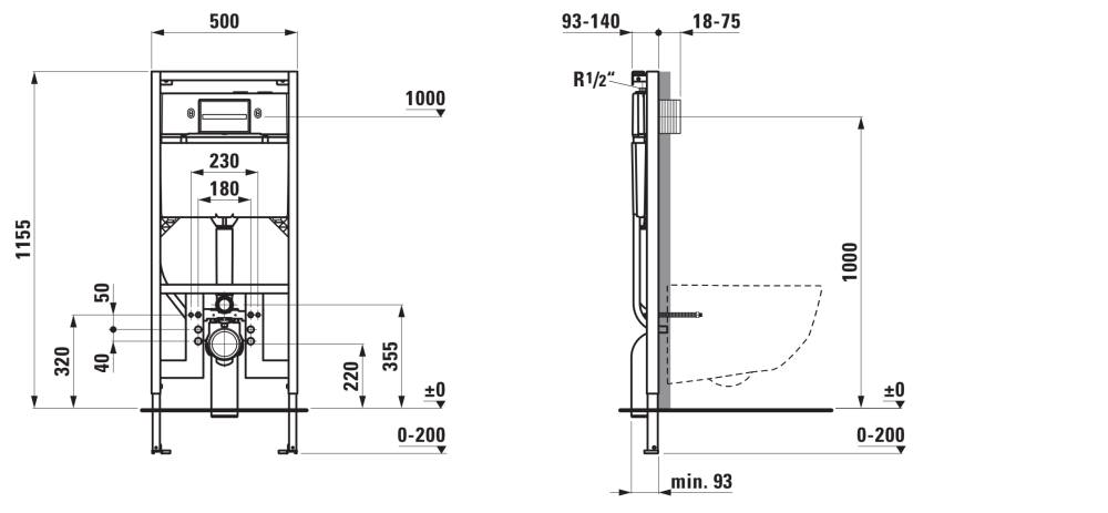 Laufen INEOLINK slim (2 by 4) in-wall carrier for wall-hung WC and shower WC
