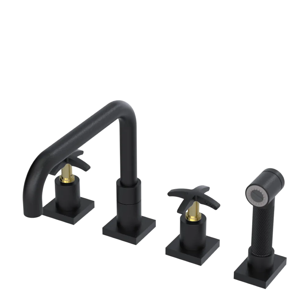 Rubinet Widespread Kitchen Set with Genesis Spout with Hand Spray Matt Black