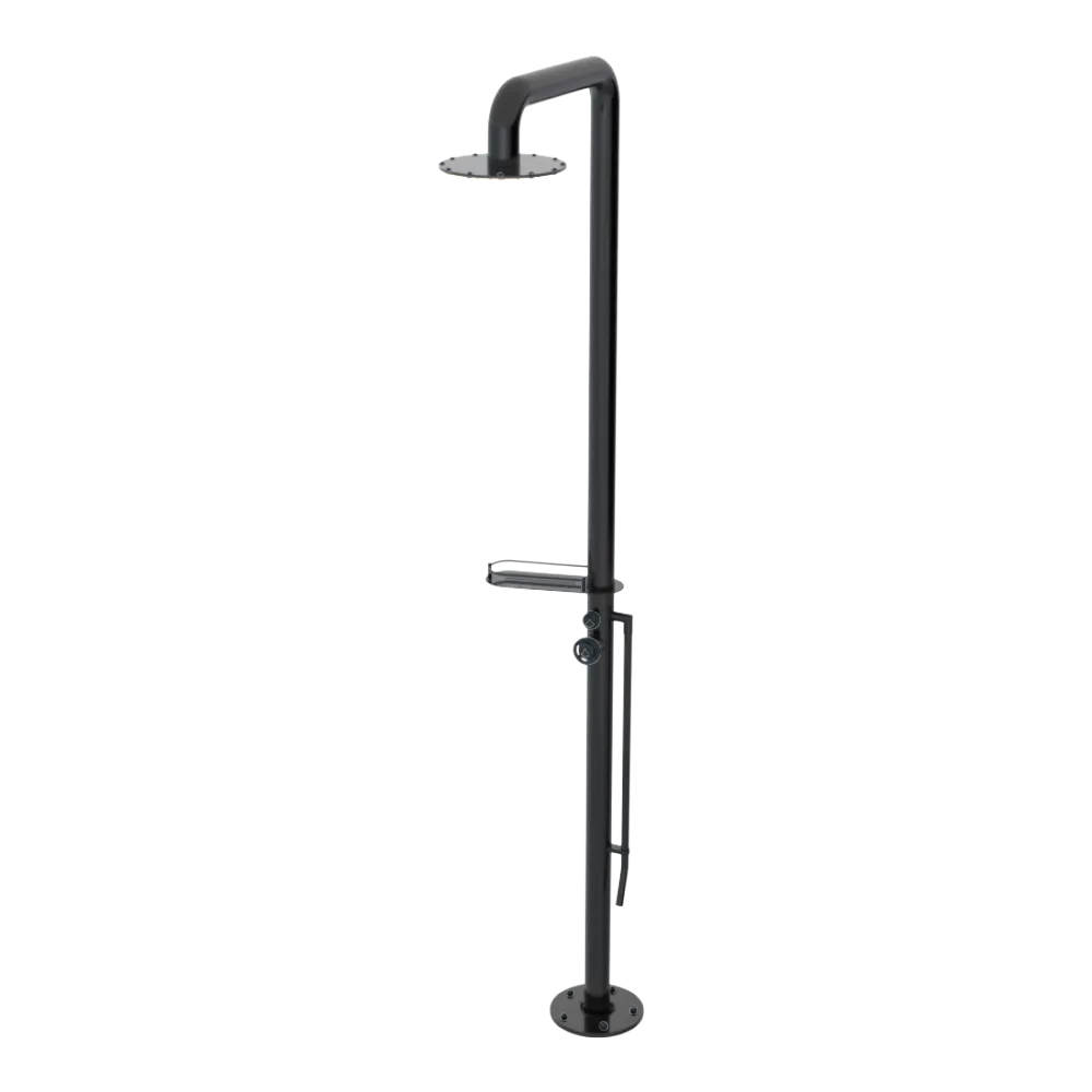 Rubinet Pressure Balance Outdoor Shower with Foot Rinse & 10" Shower Head (with shelf) - 304 Stainless Steel Black