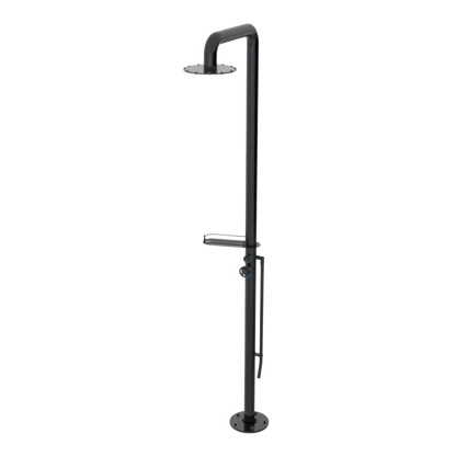 Rubinet Pressure Balance Outdoor Shower with Foot Rinse & 10" Shower Head (with shelf) - 304 Stainless Steel Black