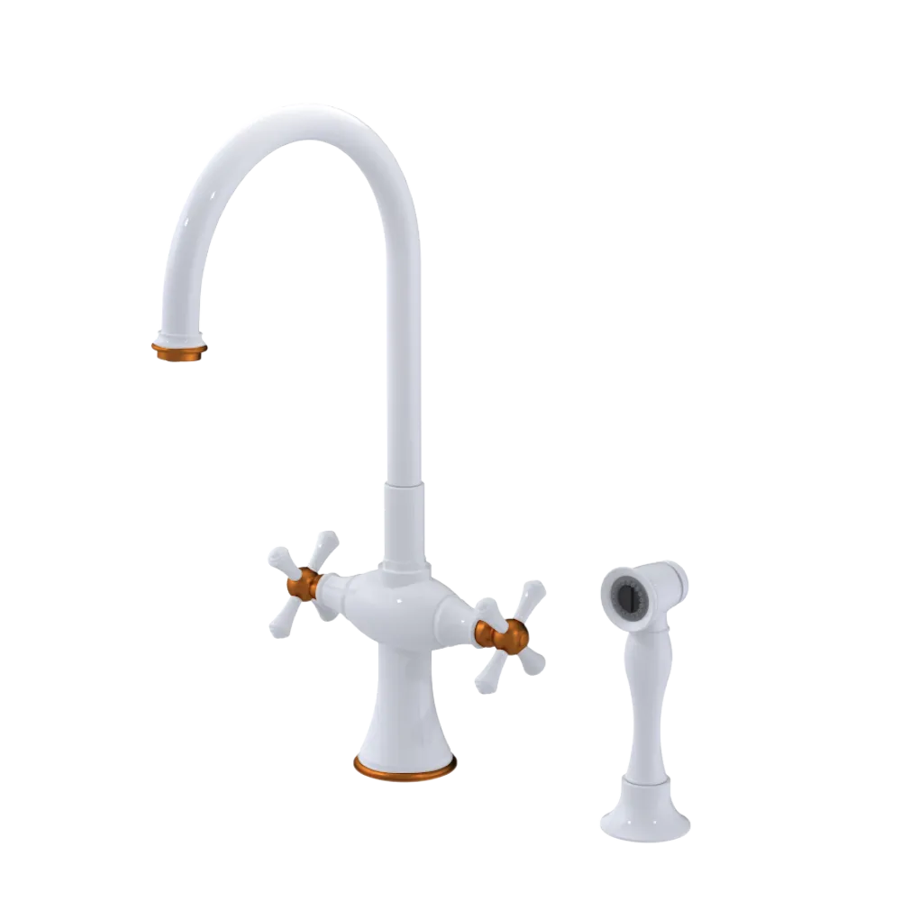 Rubinet Two Handle Single Hole Kitchen Set with Hand Spray White