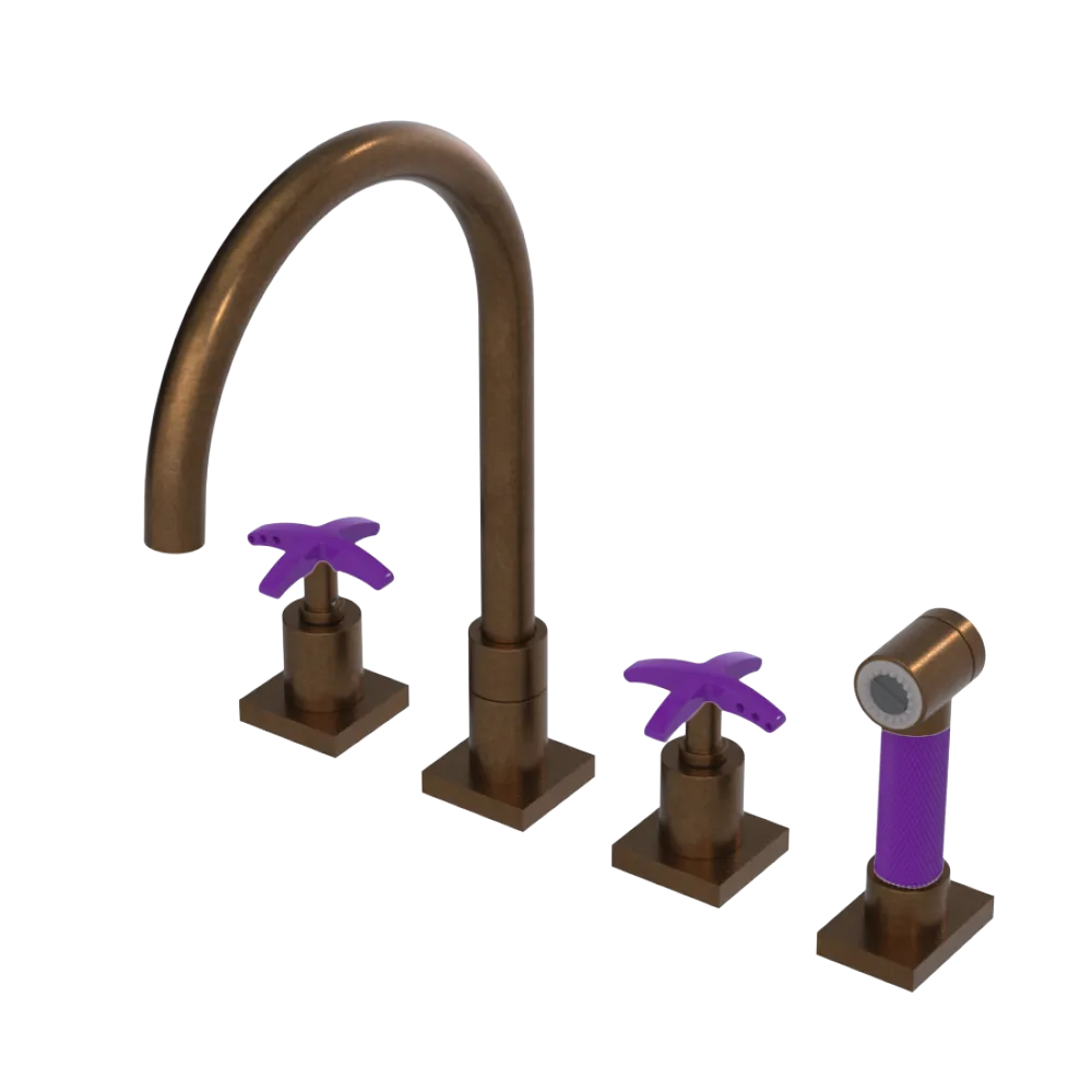 Rubinet Widespread Kitchen Set with Hand Spray Tuscan Brass