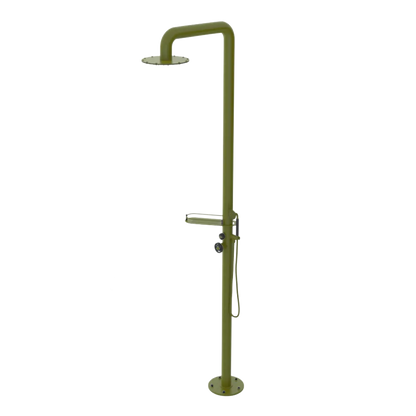 Rubinet Pressure Balance Outdoor Shower with Hand Held Shower & 10" Shower Head (with shelf) - 304 Stainless Steel Green Envy
