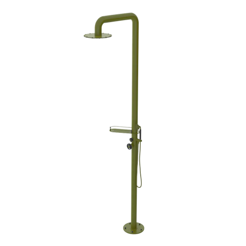 Rubinet Pressure Balance Outdoor Shower with Hand Held Shower & 10" Shower Head (with shelf) - 304 Stainless Steel Green Envy