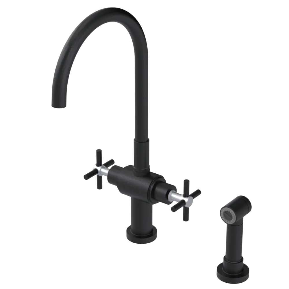 Rubinet Two Handle Single Hole Kitchen Set with LaSalle Spout with Hand Spray Matt Black