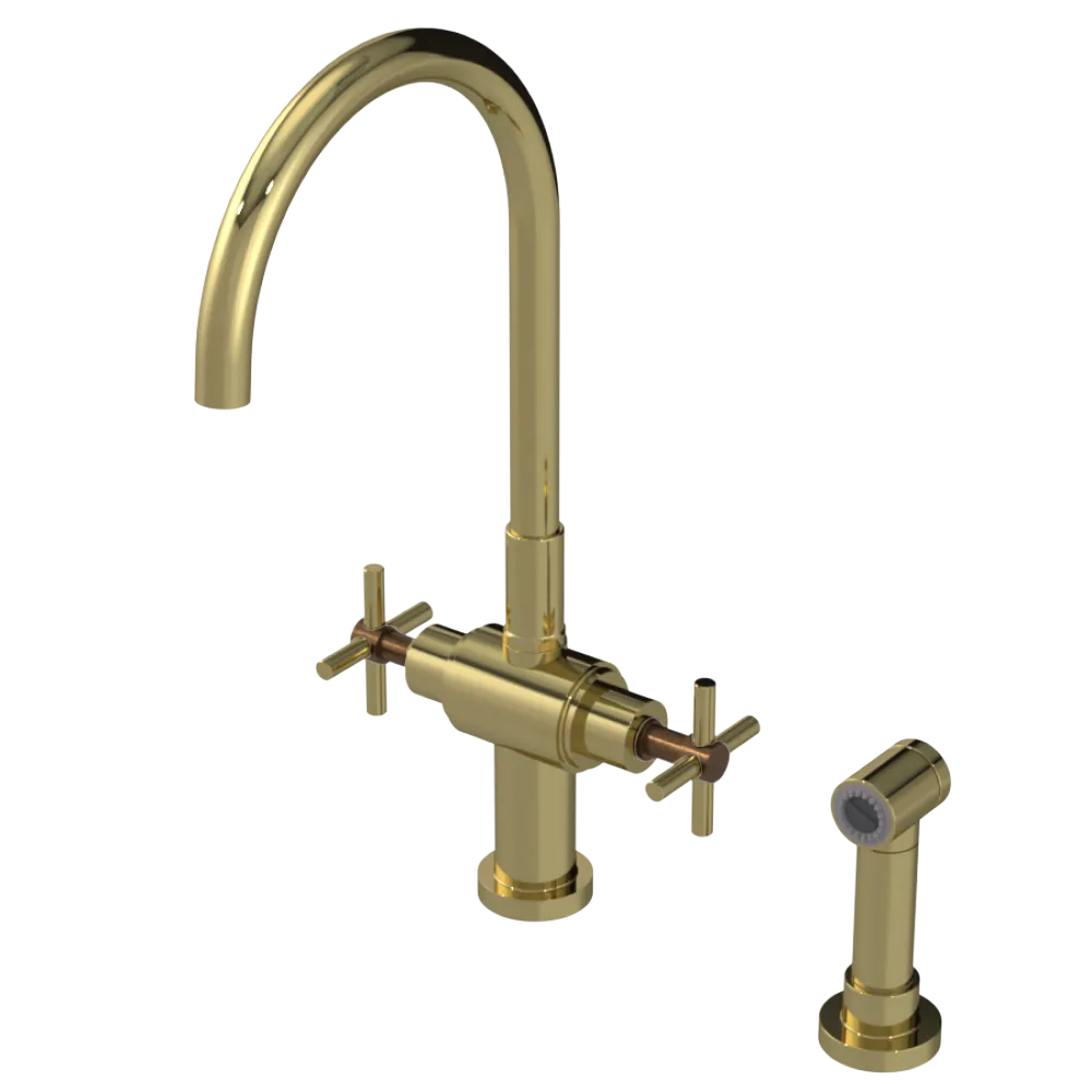 Rubinet Two Handle Single Hole Kitchen Set with LaSalle Spout with Hand Spray Natural Brass