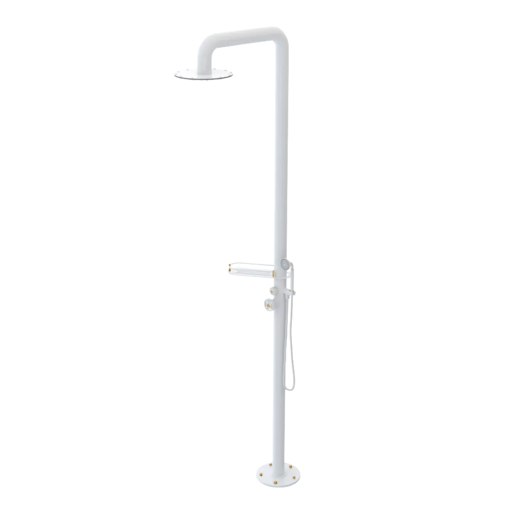 Rubinet Pressure Balance Outdoor Shower with Hand Held Shower & 10" Shower Head (with shelf) - 304 Stainless Steel White