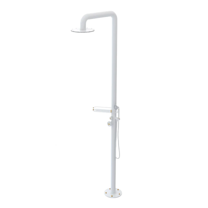 Rubinet Pressure Balance Outdoor Shower with Hand Held Shower & 10" Shower Head (with shelf) - 304 Stainless Steel White