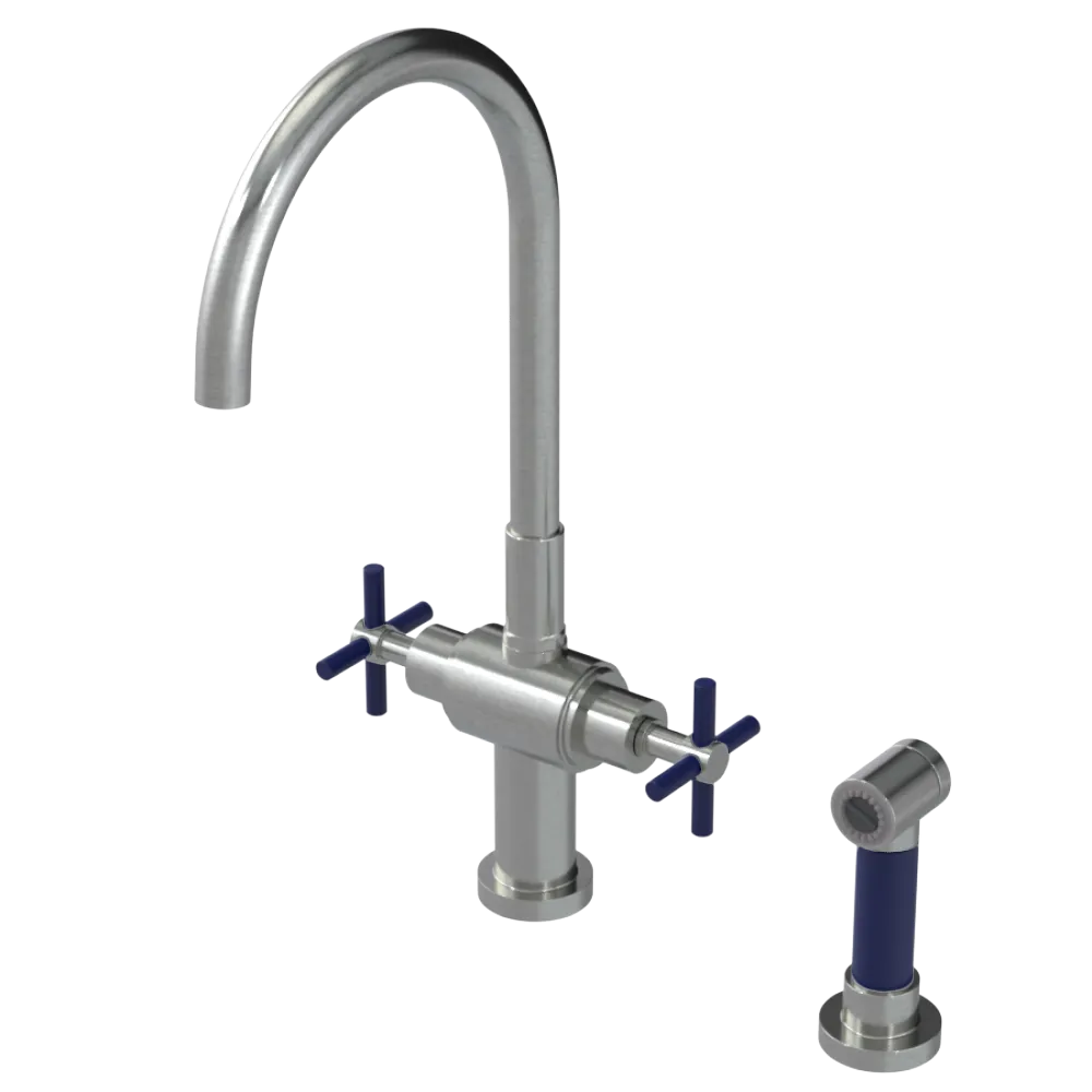 Rubinet Two Handle Single Hole Kitchen Set with LaSalle Spout with Hand Spray Satin Nickel