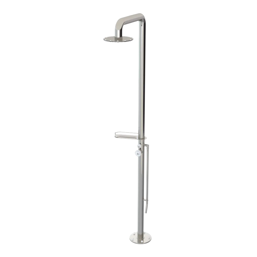 Rubinet Pressure Balance Outdoor Shower with Foot Rinse & 10" Shower Head (with shelf) - 304 Stainless Steel Polished Nickel