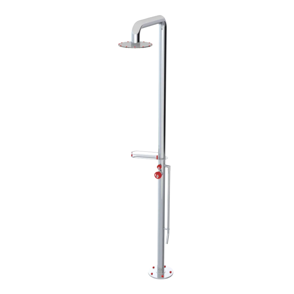 Rubinet Pressure Balance Outdoor Shower with Foot Rinse & 10" Shower Head (with shelf) - 304 Stainless Steel Chrome
