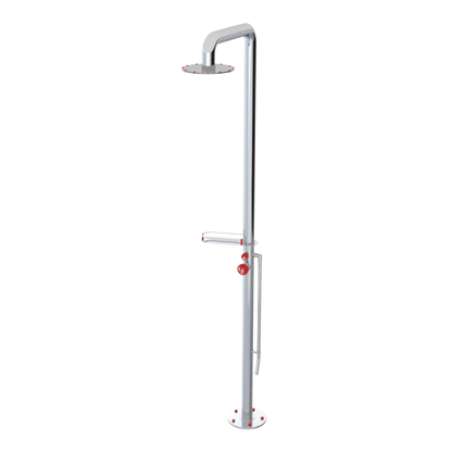Rubinet Pressure Balance Outdoor Shower with Foot Rinse & 10" Shower Head (with shelf) - 304 Stainless Steel Chrome