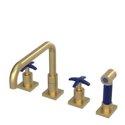 Rubinet Widespread Kitchen Set with Genesis Spout with Hand Spray Satin Brass