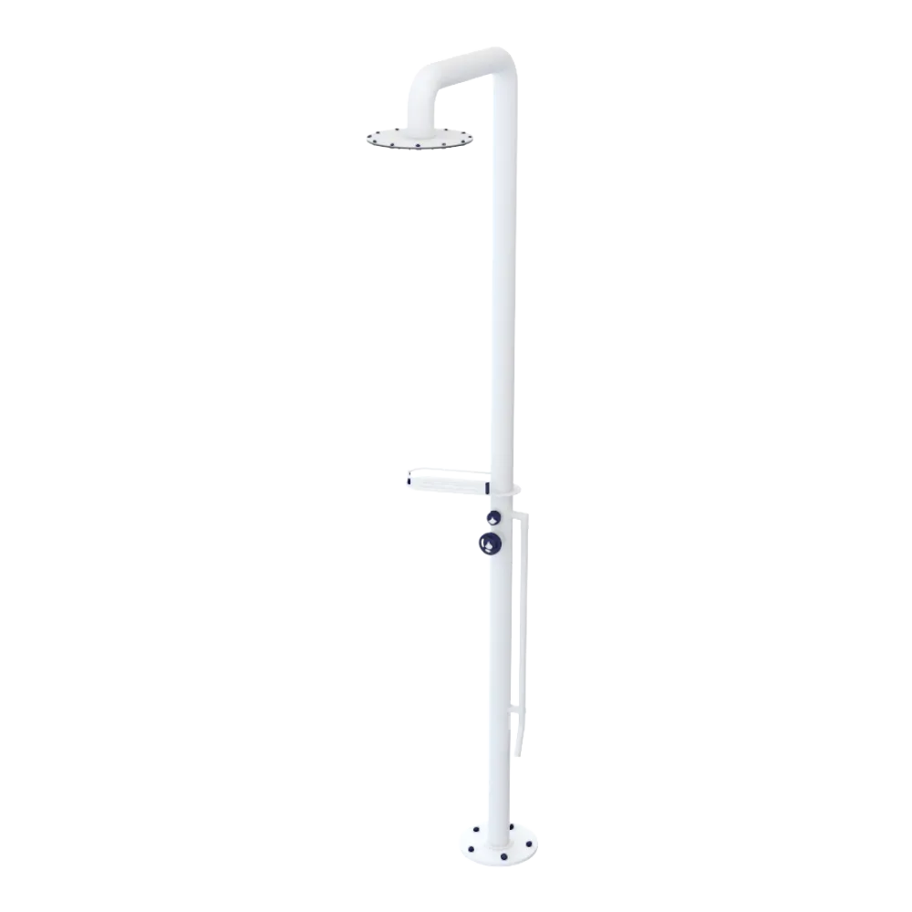 Rubinet Pressure Balance Outdoor Shower with Foot Rinse & 10" Shower Head (with shelf) - 304 Stainless Steel Matt White