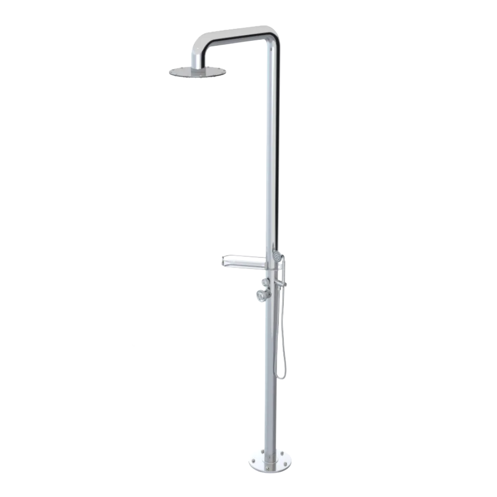 Rubinet Pressure Balance Outdoor Shower with Hand Held Shower & 10" Shower Head (with shelf) - 304 Stainless Steel Chrome