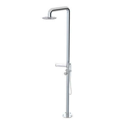 Rubinet Pressure Balance Outdoor Shower with Hand Held Shower & 10" Shower Head (with shelf) - 304 Stainless Steel Chrome