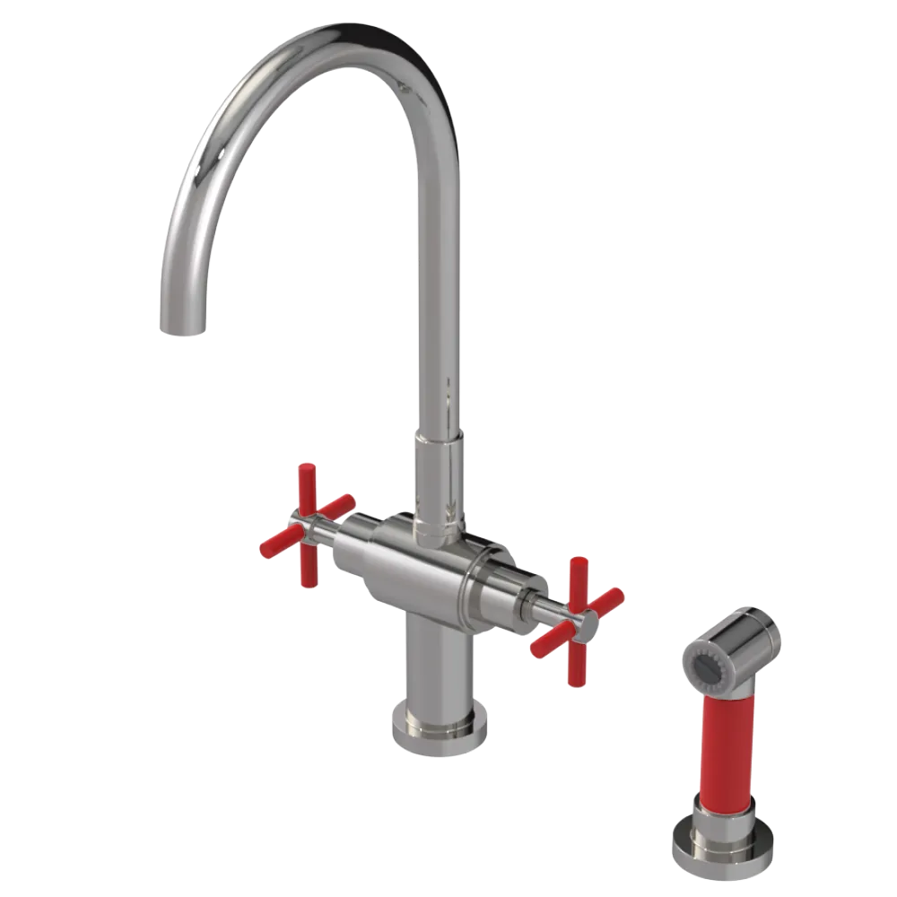 Rubinet Two Handle Single Hole Kitchen Set with LaSalle Spout with Hand Spray Polished Nickel