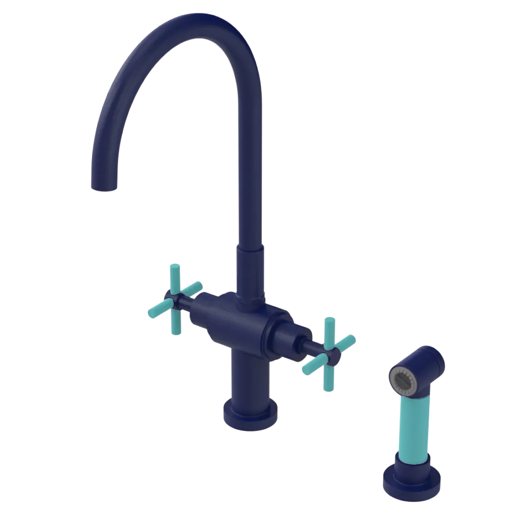 Rubinet Two Handle Single Hole Kitchen Set with LaSalle Spout with Hand Spray Midnight Blue
