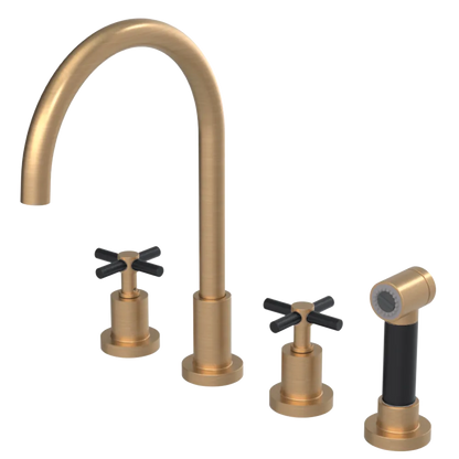 Rubinet Widespread Kitchen Set with LaSalle Spout with Hand Spray Satin Gold