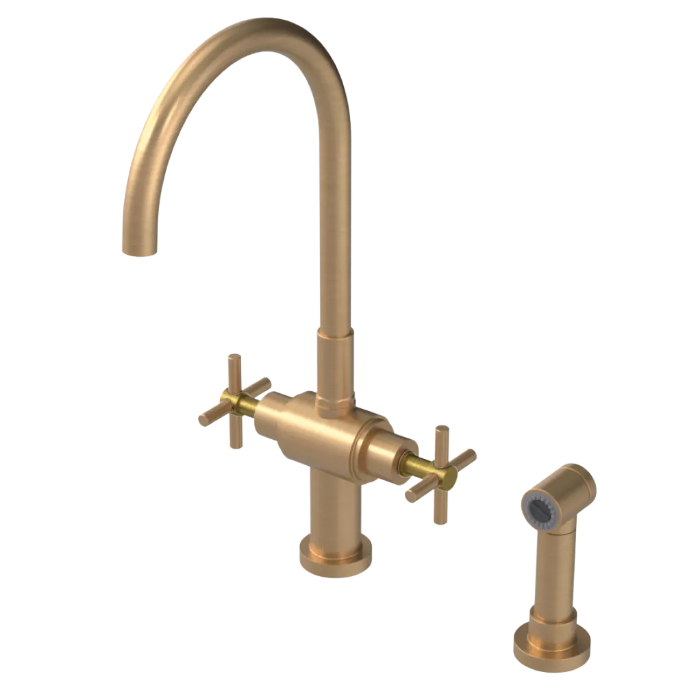Rubinet Two Handle Single Hole Kitchen Set with LaSalle Spout with Hand Spray Satin Gold